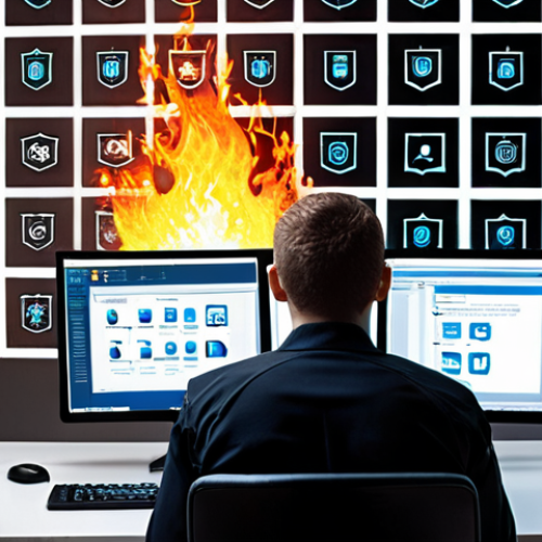 Home 11 **
A person confidently configuring a firewall on a computer, surrounded by security-themed icons, emphasizing data protection and cyber security. The scene should depict a modern office environment.
**