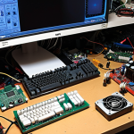 ** A cluttered workbench. An older, disassembled PC case is in the center. Various computer components (motherboard, RAM sticks, CPU cooler) are scattered around. A multimeter and other small tools are also visible. The lighting is slightly dim, giving a sense of a problem-solving atmosphere. Focus on the details of the hardware. A tech enthusiast intently examining a component.

**