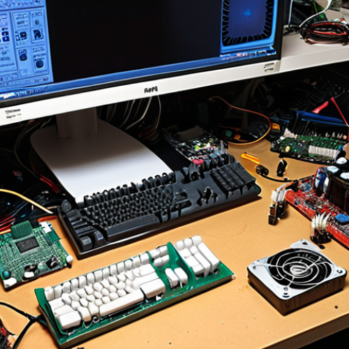 Home 6 ** A cluttered workbench. An older, disassembled PC case is in the center. Various computer components (motherboard, RAM sticks, CPU cooler) are scattered around. A multimeter and other small tools are also visible. The lighting is slightly dim, giving a sense of a problem-solving atmosphere. Focus on the details of the hardware. A tech enthusiast intently examining a component.
**