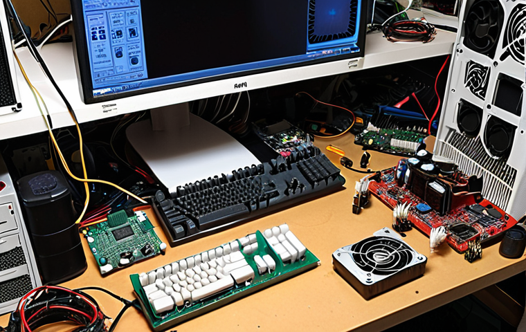 ** A cluttered workbench. An older, disassembled PC case is in the center. Various computer components (motherboard, RAM sticks, CPU cooler) are scattered around. A multimeter and other small tools are also visible. The lighting is slightly dim, giving a sense of a problem-solving atmosphere. Focus on the details of the hardware. A tech enthusiast intently examining a component.
**